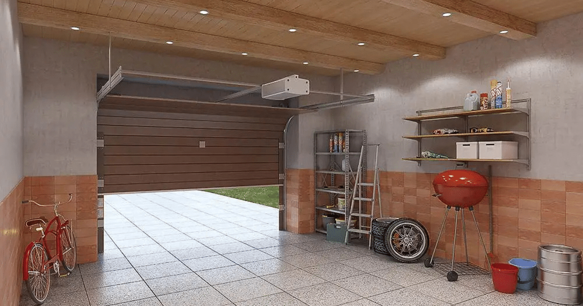Open garage with tools and a red grill.
