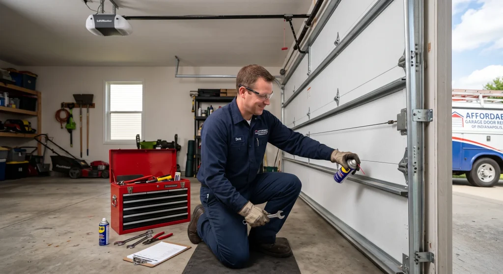 A service technician spraying lubricant on track rollers and hinges during routine garage door maintenance.