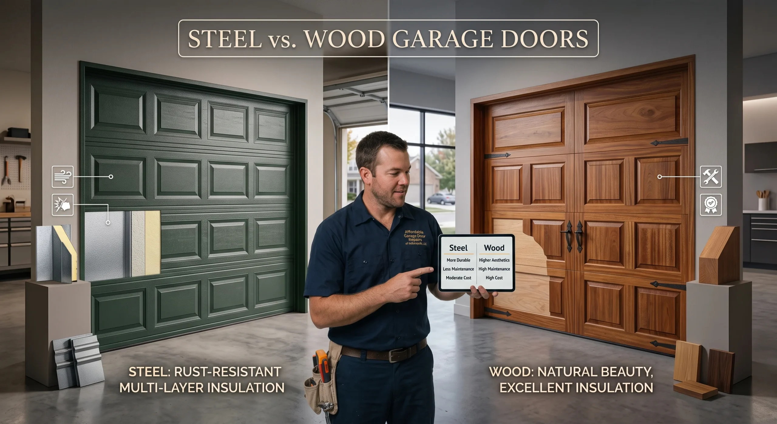 A technician pointing to a tablet displaying material comparison options among various Garage Door Styles.