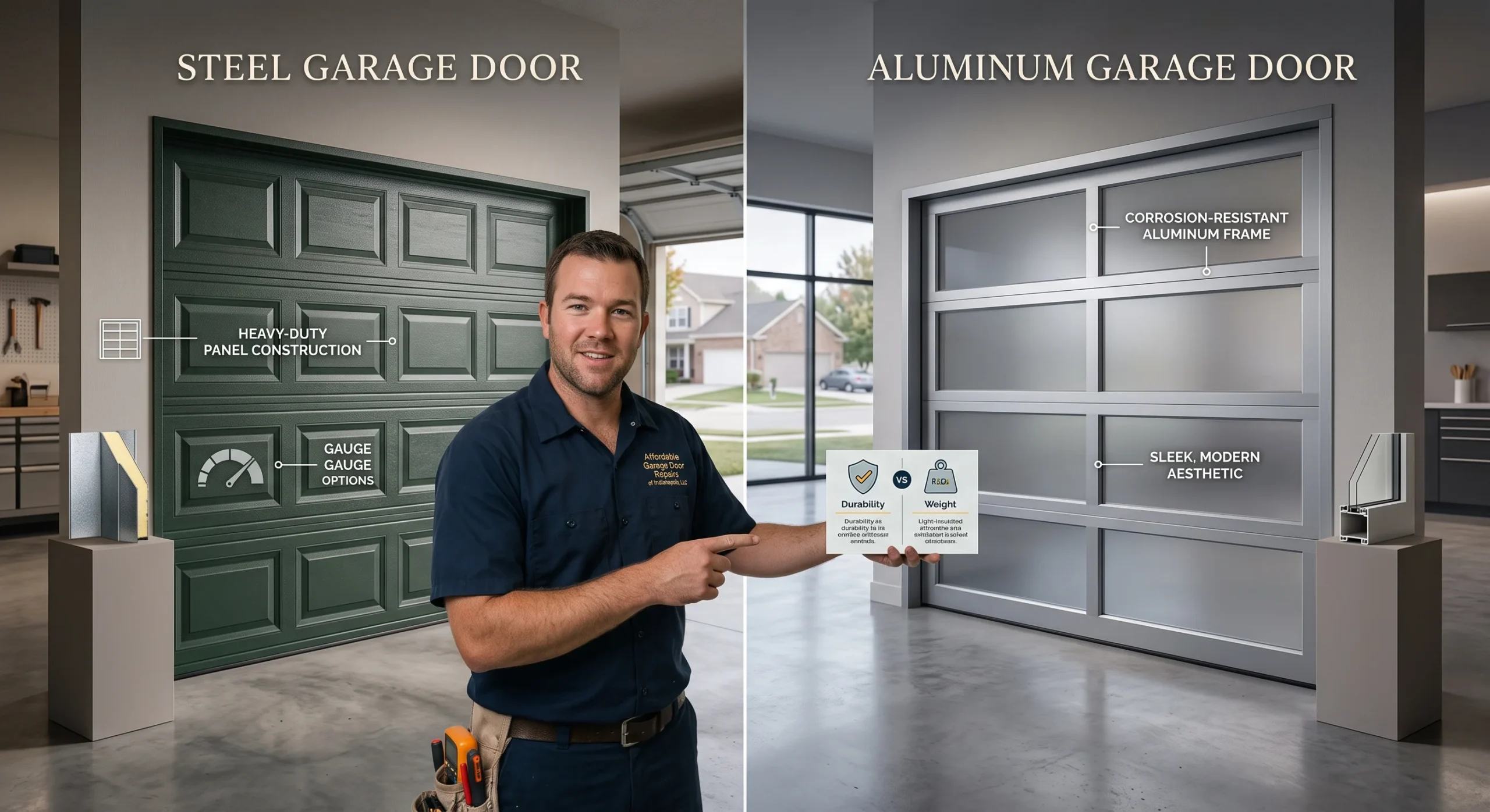 A technician presenting a feature comparison between Steel and Aluminum Garage Doors.
