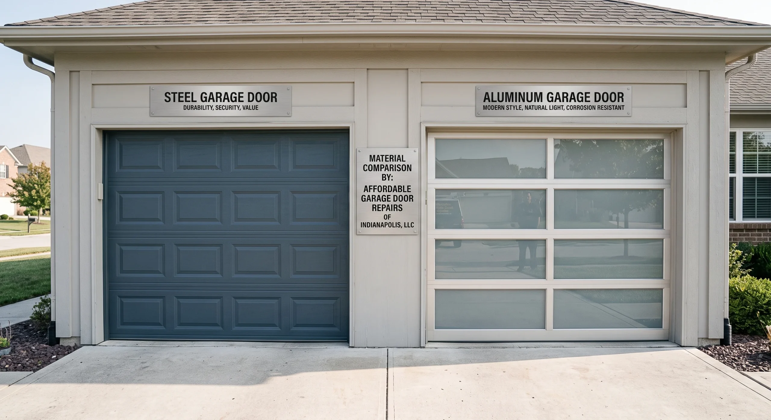 A side-by-side comparison of a traditional panel design and a modern glass-panel frame displaying Steel vs. Aluminum Garage Doors.