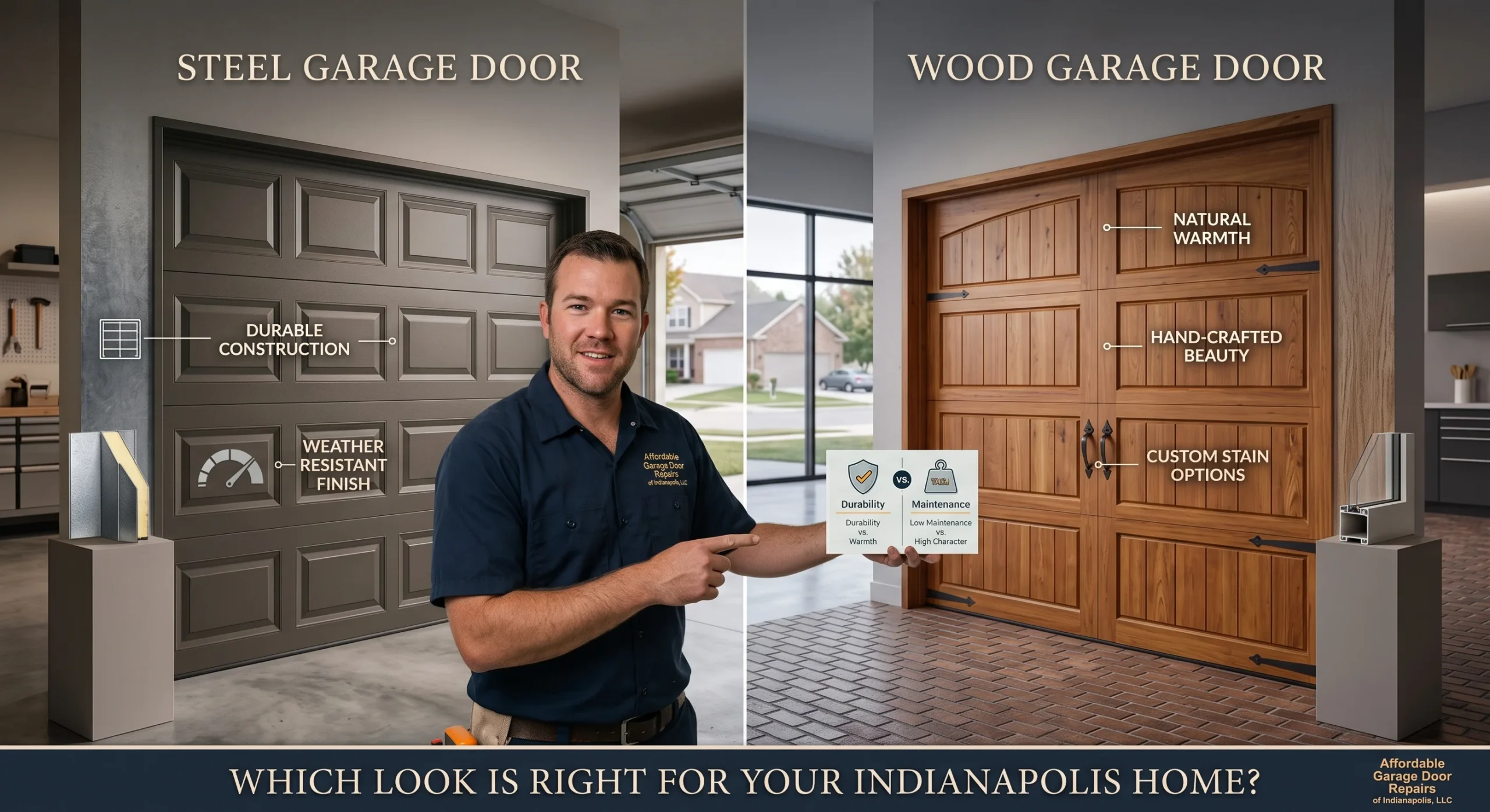 A technician holding a comparison card while standing between Wood vs Steel Garage Doors.