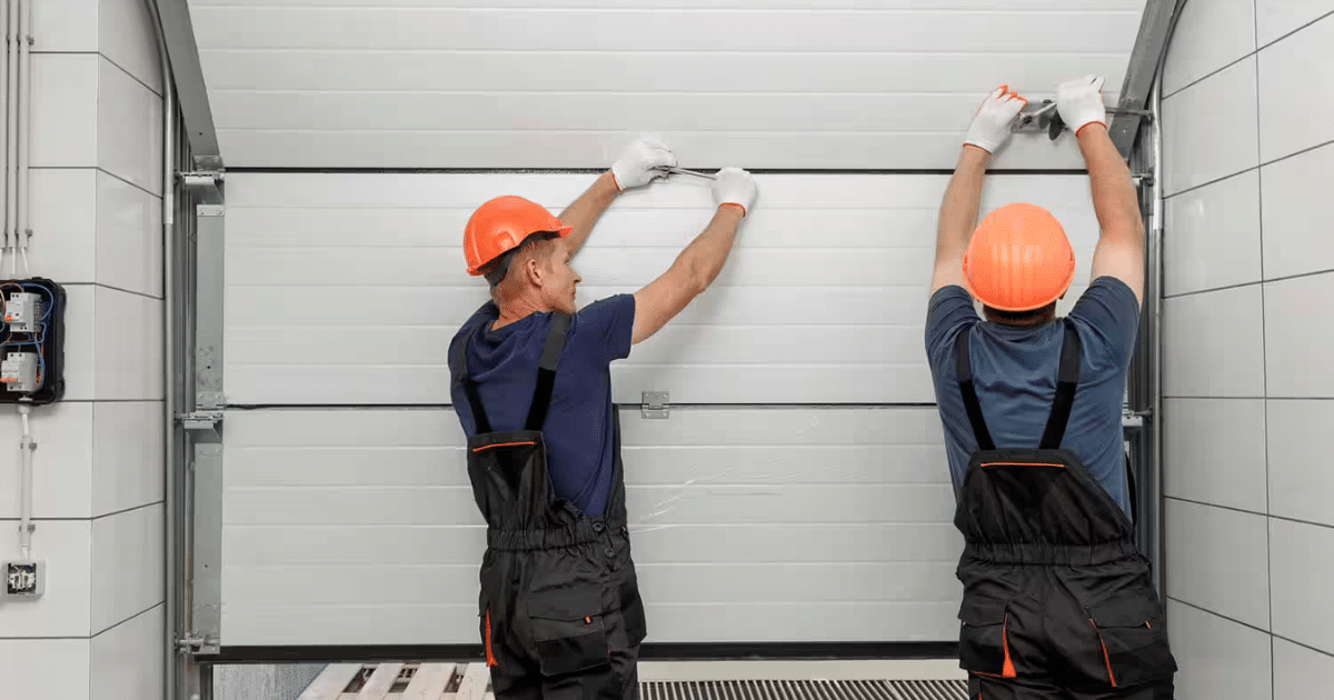 Two workers install sectional garage door.