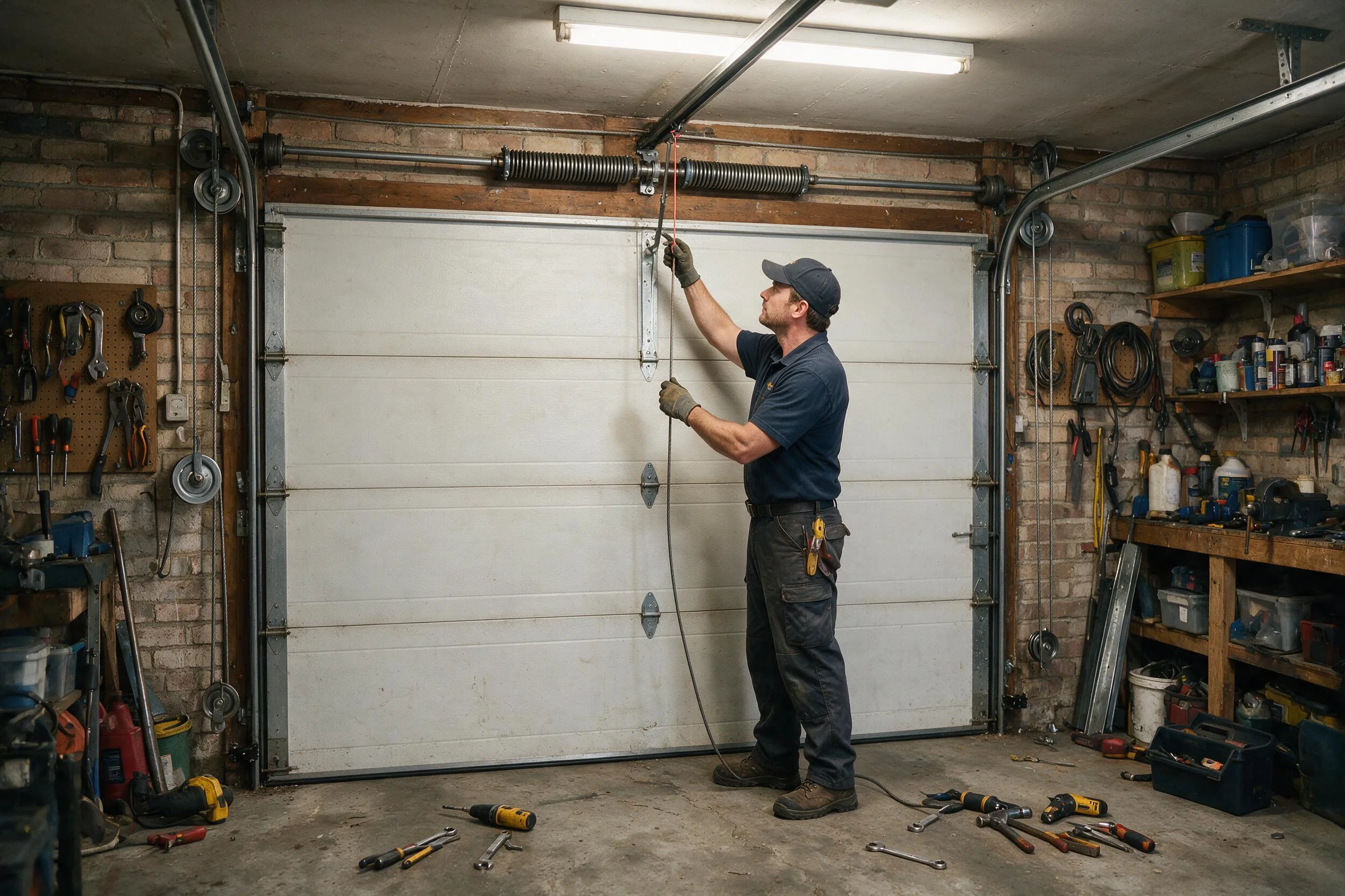 A technician reaching up to adjust cables and torsion assemblies during a Garage Door Spring Replacement.