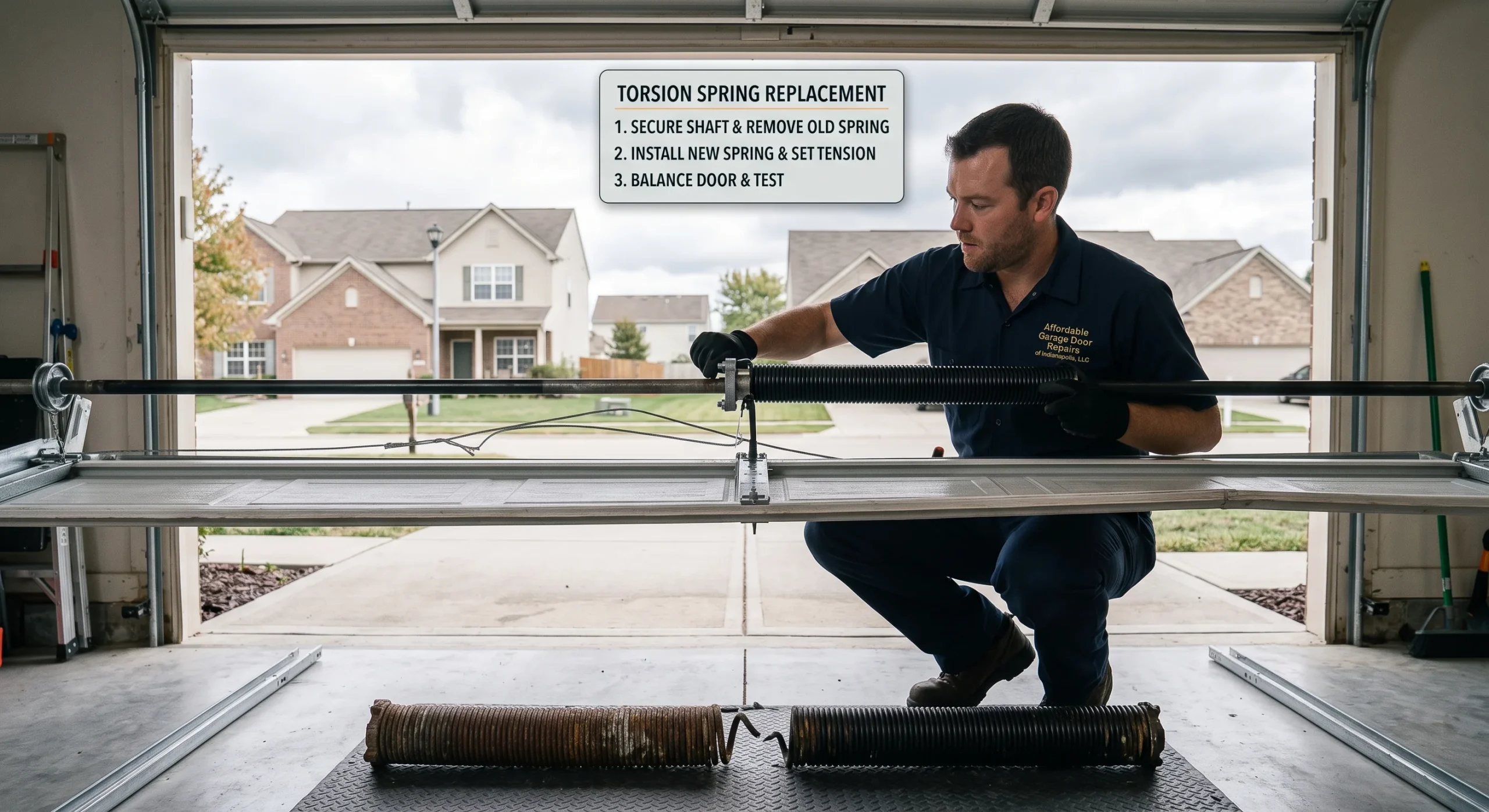 A technician installing a new unit onto the torsion shaft during a Garage Door Torsion Spring Replacement.