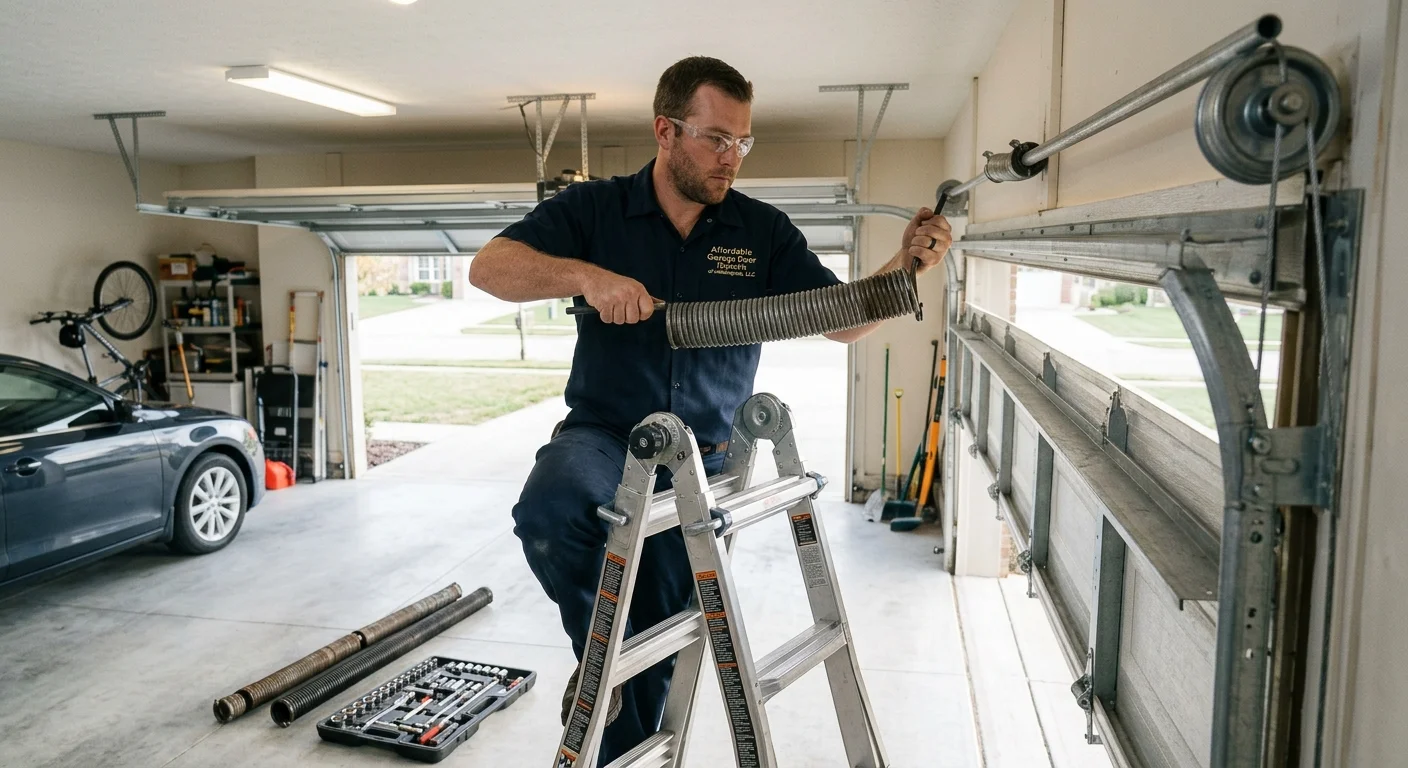 A technician standing on a ladder using winding bars to replace garage door torsion springs.