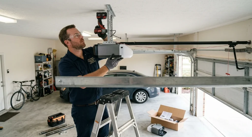 A technician using a power drill to secure a ceiling bracket for a Garage Door Opener.