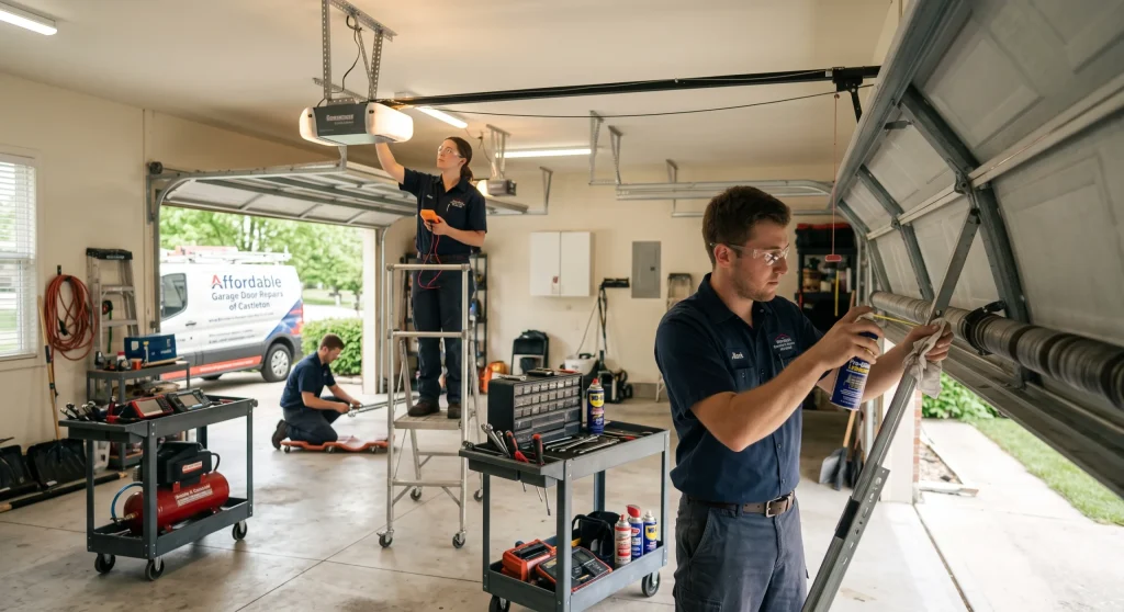 Multiple technicians working on opener electronics and track components during an Emergency Garage Door Repair.
