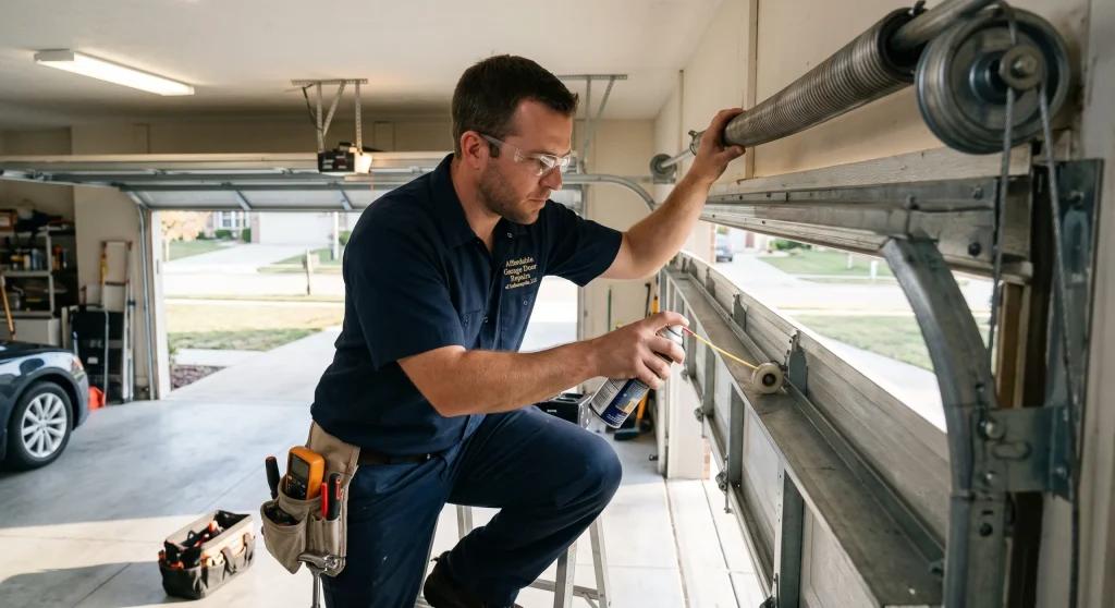 A technician on a ladder spraying lubricant onto track rollers during Residential Garage Door Maintenance.