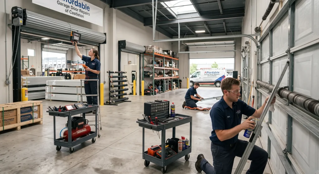 Service technicians servicing overhead hardware and roll-up doors during Emergency Garage Door Repair in Indianapolis, IN.