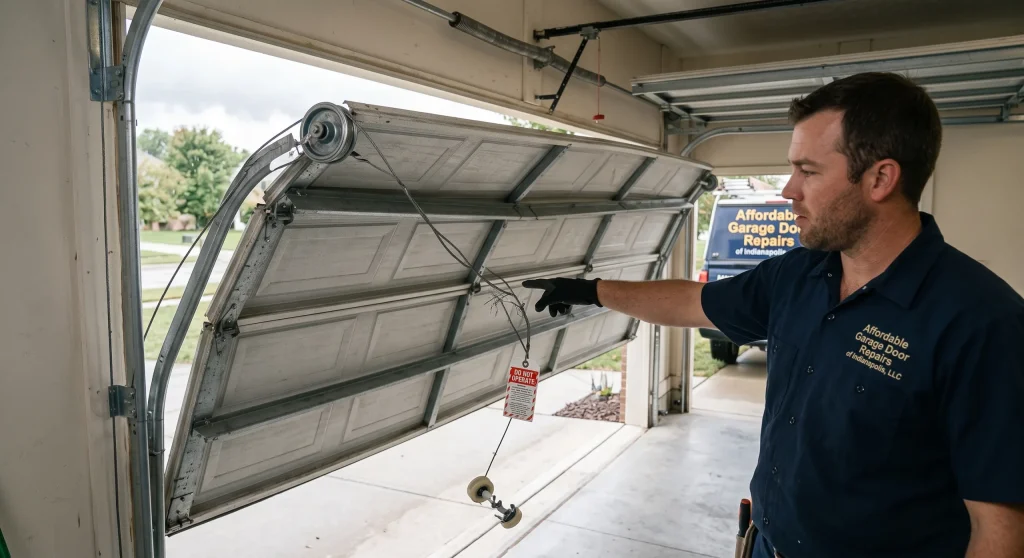 A technician pointing to frayed cables and a detached roller assembly on a crooked door during Emergency Garage Door Services.