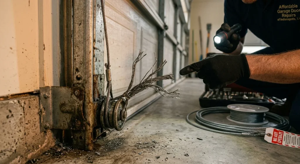 A technician pointing a flashlight at a severely frayed lift cable snapped near the bottom bracket during a Garage Door Cable Repair.
