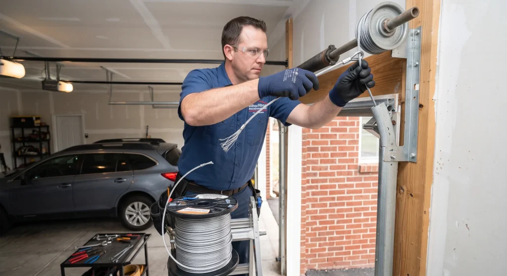 A technician threading new steel wire around a drum pulley system for Garage Door Cables.