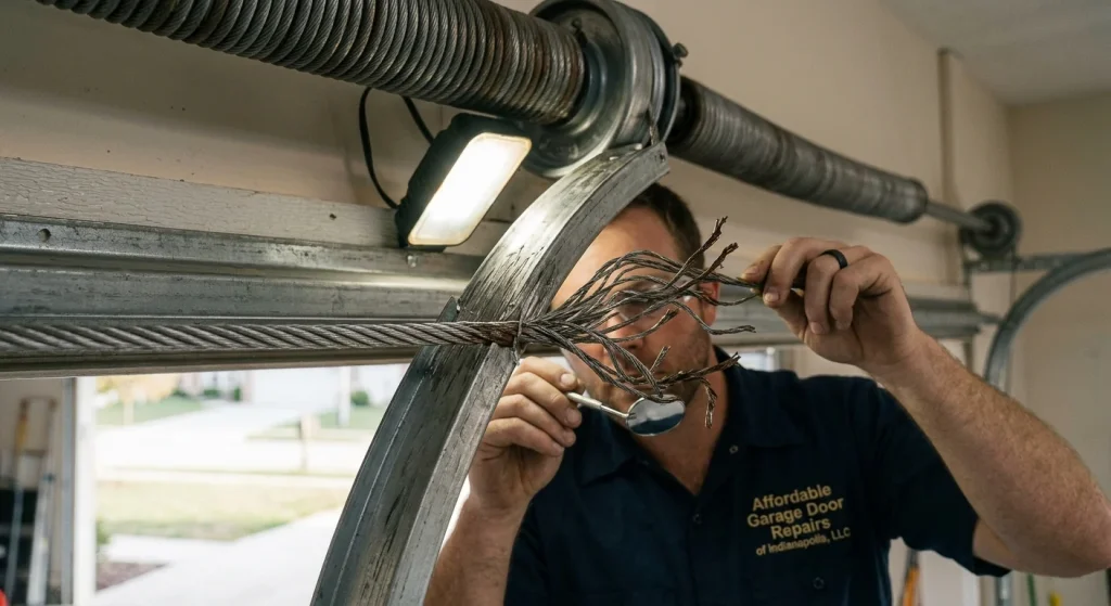 A technician using an inspection mirror to examine frayed wire strands on Garage Door Cables in Indianapolis.