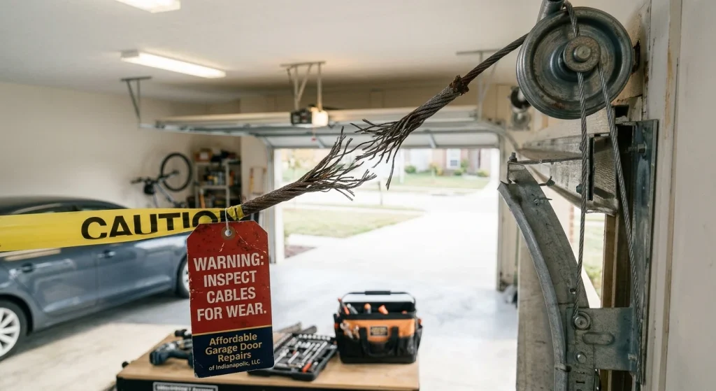 A close-up view of a severely frayed steel wire next to a pulley system, marked with a caution tag highlighting a worn garage door cable.