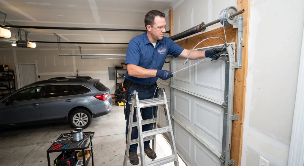 A technician working on a ladder to secure cables and track hardware during a Garage Door Installation.