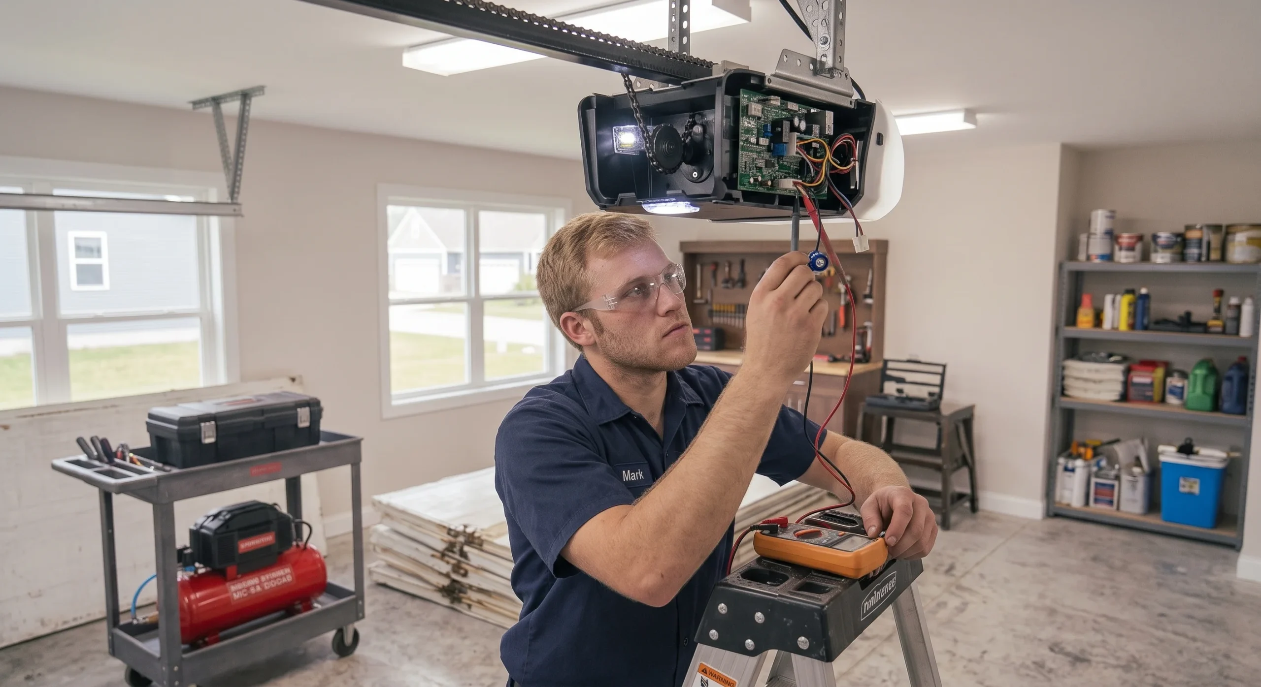A technician using a multimeter to test opener circuit board wiring when a Garage Door Wont Close.