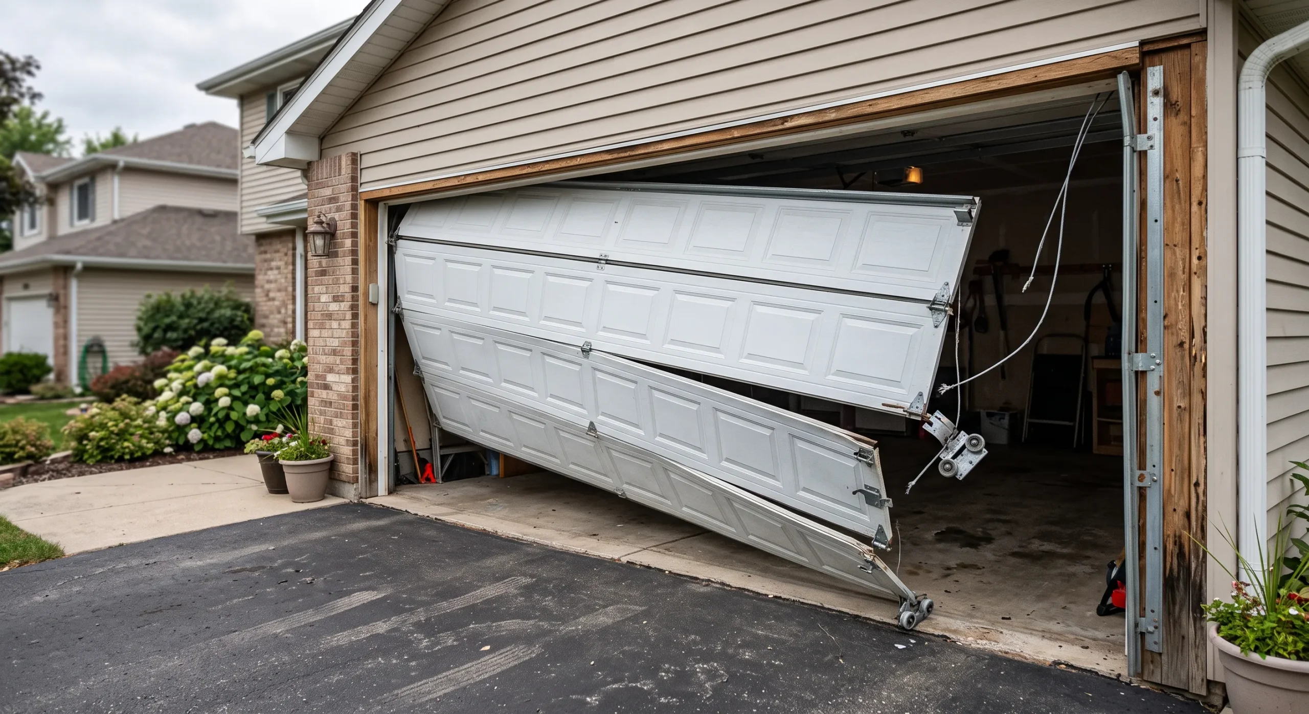 generate image of garage door hanging off track