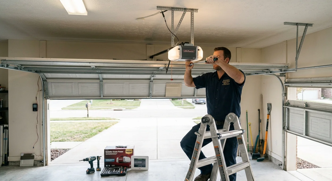 A technician using a socket wrench to secure upper brackets while attaching garage door opener equipment to ceiling supports.
