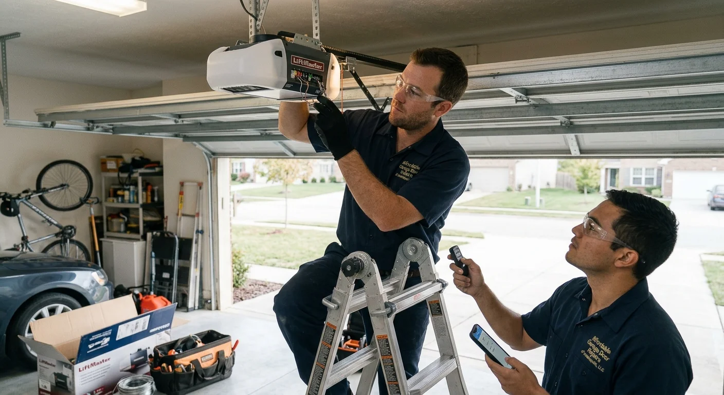 Two technicians connecting wires and programming remotes during a garage door opener installation.